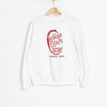 80s The Chicago Pizza Pie Factory Sweatshirt - Men's Medium Short, Women's Large | Vintage White Raglan Sleeve Tourist Pullover 
