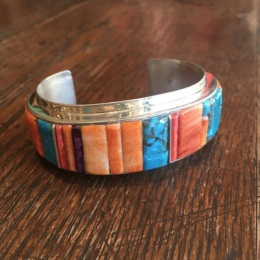 STONE IN LOVE  Harold Smith Silver Cuff with Turquoise and Spiny Oyster Inlay | Zuni Bracelet | Native American Southwestern Boho Jewelry 