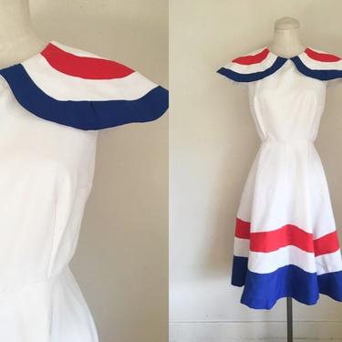 Vintage 1970s Blue, Red &amp; White Striped Dress / M 