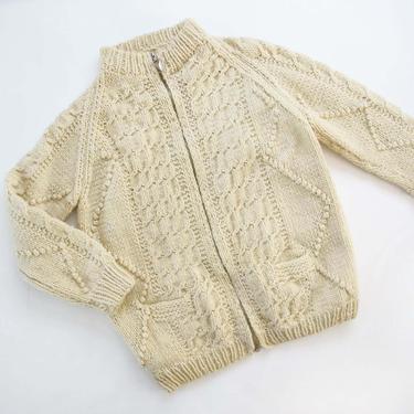 Vintage  Cable Knit Sweater Small  - Off White Fisherman Knit Cardigan Zip Up  - Chunky Cable Knit Cardigan -  Cozy Hygge Cardigan 