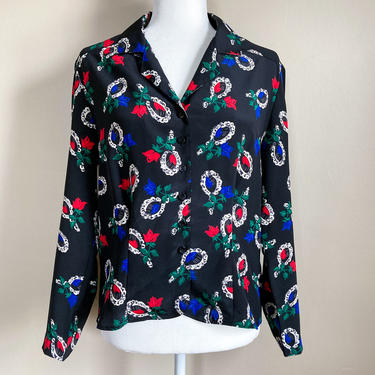 70s Black Red and Blue Rose Mirror Novelty Print Blouse | Medium/Large 