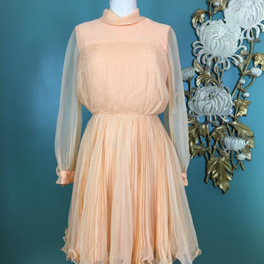 1960s chiffon dress, accordion pleat dress, sheer peach dress, vintage 60s dress, jack Bryan, medium, mod cocktail, 30 waist, dance dress 