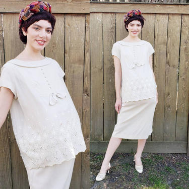 1960s Maternity Skirt &amp; Tunic Outfit Suit / 50s Beige Embroidered Summer Maternity Top Matching Midi Skirt Helene Scott / M 