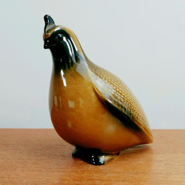 Vintage Ceramic Quail Figurine | Black Mustard Yellow | Plume Topknot | USA 