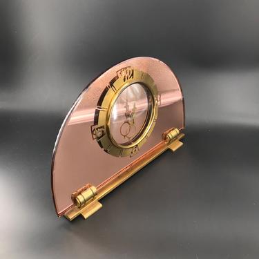 Rare SMITHS Art Deco Pink Mirror and Brass Wind-Up Table Clock (Not Functioning) Vintage Mid-Century 