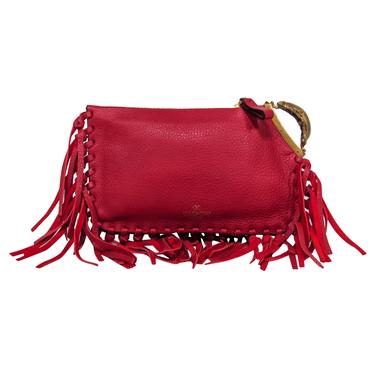 Valentino - Red Textured Leather Fringed Zippered Clutch w/ Beetle Handle