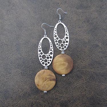 Mid century modern earrings, long natural wood silver Afrocentric dangle earrings, chic earrings, African earrings, bold statement earring 