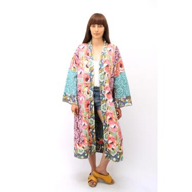 Reversible Quilted Duster // vintage boho ethnic cotton blue Indian maxi dress floral hippie hippy midi 80s kimono // O/S 