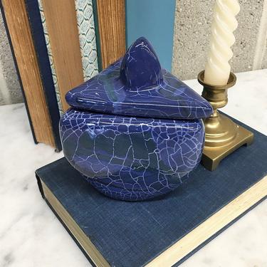 Vintage Dish with Lid Retro 1980s Contemporary + Handmade + Ceramic + Pottery + Dark Blue + Geometric Shape + Home and Bathroom Decor 