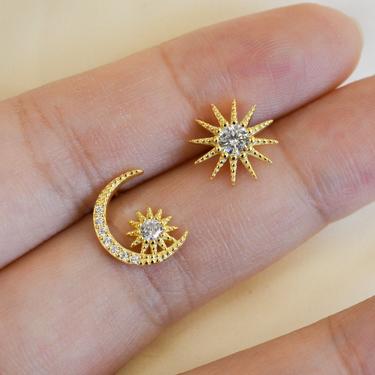 Lauren S925 sterling silver gold filled Moon and Star Studs, Celestial Earrings, Starburst CZ Studs, Mini Studs, gold moon star stud earring 