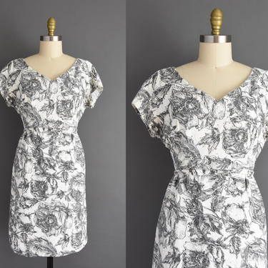 vintage 1950s dress - Size Large - Sparkling rhinestone covered Rose print short sleeve cocktail wiggle dress - 50s dress 