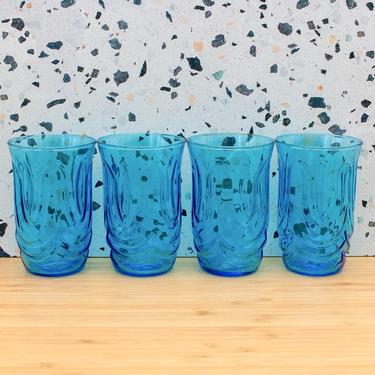 Vintage 1960s Anchor Hocking Electric Blue Drinking Glasses - Wavy Mod Glass Small Juice Glasses - Set/4 