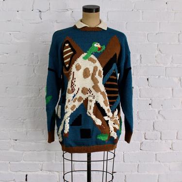 1980s Giraffe and Parrot Pullover Sweater | 80s Knit Giraffe Cotton Sweater | BEREK New York | Large 