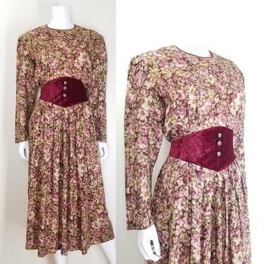 Vintage Burgundy Floral Dress, Medium / Renaissance Style Day Dress / 1990s Rayon Challis Midi Dress / Red Velvet Basque Waist Dress 