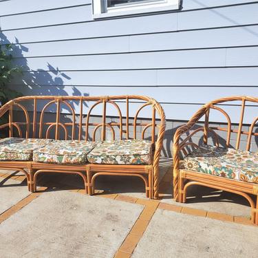 FREE SHIPPING Vintage 2Pc Pole Rattan Patio Furniture Set | Boho Wicker Couch & Chair with Cushions | MCM Bentwood Bamboo Sofa/Settee 
