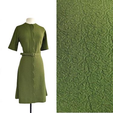 Vintage 60s moss green A-line dress| scalloped vertical detail 