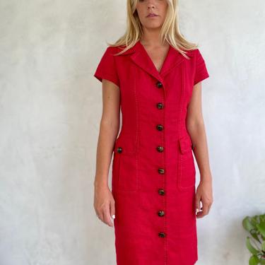 Vintage 1990’s Red Linen Short Sleeve Midi Dress - Tailored Button up Dress - Sz 4 / Small - Medium 