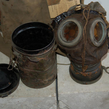 WWI German Gas Mask w Canister & Replacement Lens ~ As Found Antique Trunk - Original WWI German Gas Mask w Can ~ No Carrying Straps on Can 