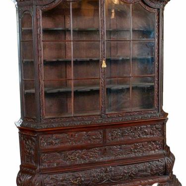 Antique Bookcase, Ornate Highly Carved Wooden Bookcase W / Glass Doors, 1800's