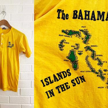 True Vintage Bahamas T-Shirt Souvenir 80s 1980s Islands Sun Short Sleeve Henley Yellow Hipster Retro Double Bull Tee Medium Small 