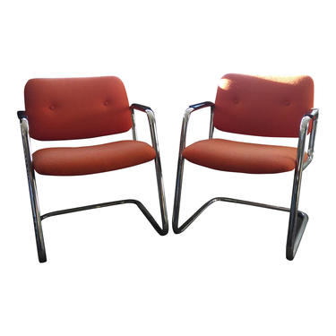 Mid Century Modern Orange Chrome Chairs with Cantilevered Base and Upholstered Seats and Back 