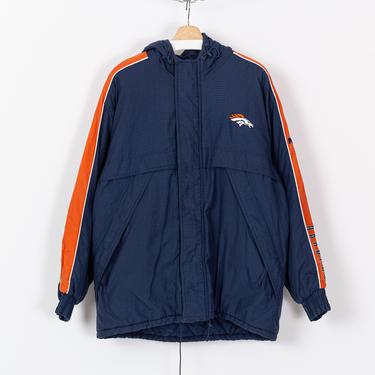 90s Denver Broncos Hooded Puma NFL Jacket - Men's Large | Vintage Football Oversize Puffy Windbreaker Coat 