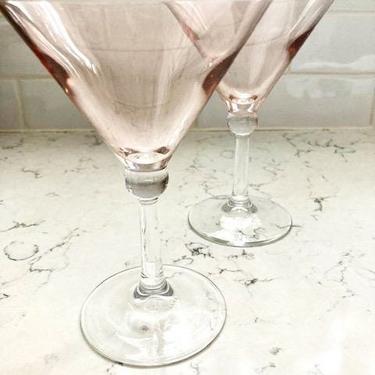 One Pair of Vintage Blown Glass Rose Pink Martini Glasses Cocktail Cosmos Clear Stem by LeChalet
