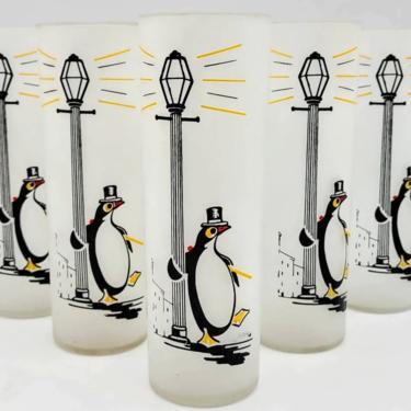 Mid-Century Libbey Penguin Highball Glasses (6), Vintage Barware, Vintage Glassware, Frosted Penguin, Art Deco Glasses, Light Pole Glasses 