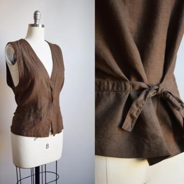 Vintage Eileen Fisher Linen Vest | 1980s/1990s Dark Brown Linen Tie Back Vest | M 