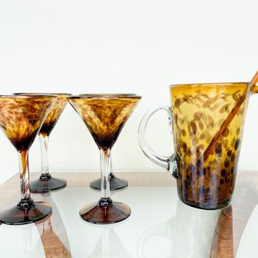 Set of Four Tortoiseshell Martini Glasses and Pitcher