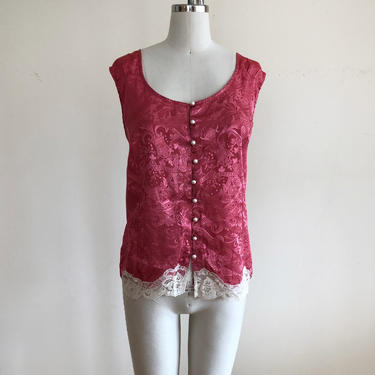 Dark Pink Sleeveless Satin Blouse with Lace Trim - 1980s 