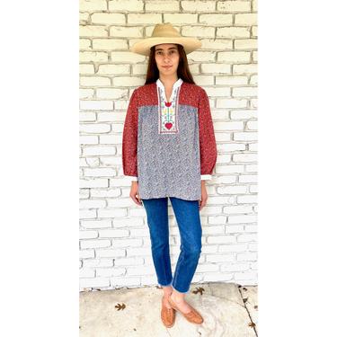 Country Blouse // vintage cotton boho hippie hand embroidered needlepoint hippy tunic mini dress white // O/S 