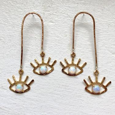 Opal Eye Mobile Stud Drop Earrings in 14k gold filled eye lash blinking eye statement earrings 