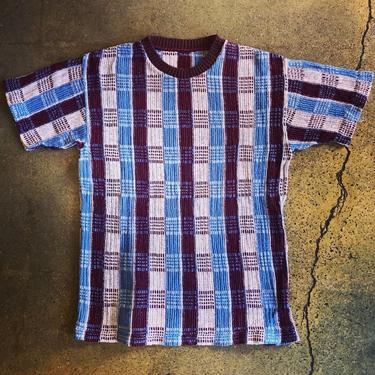 Wonderful 1940s / 1950s  White Claret and Blue Check Cable Knit T Shirt 