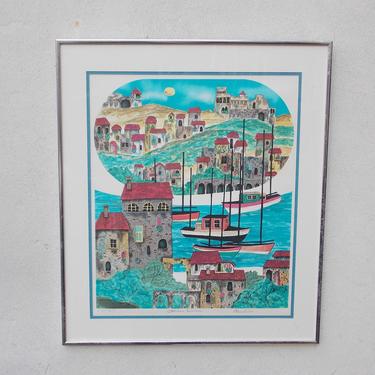 Italian Riviera Colorful Drawing Lithograph, Signed, Framed 