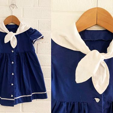 Vintage Children's Blue Sailor Dress Kid's Short Sleeve Girl's Dress Bow Collar Ascot Children White Navy Sailboat Buttons Boat 1950s 50s 