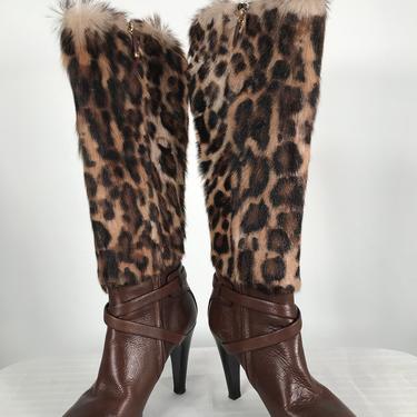 Ralph Lauren Collection Spotted Fur &amp; Leather High Heel Platform Boots 8B
