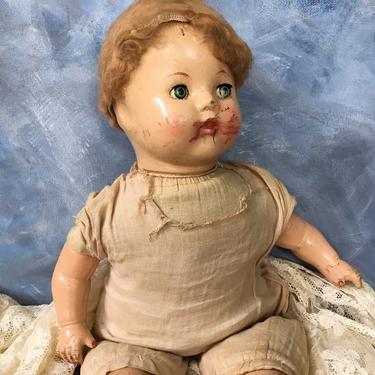 Vintage Creepy Baby Doll, Distressed Dolly, Halloween Decor, Composition Doll 17.5&quot;, Haunted House Prop 