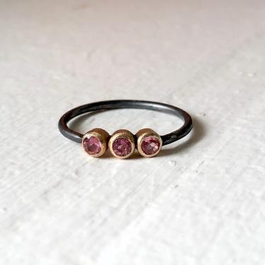 Pink Tourmaline Trio Ring in 14k Gold and Black Silver Three Stone Ring Band Engagement Ring 