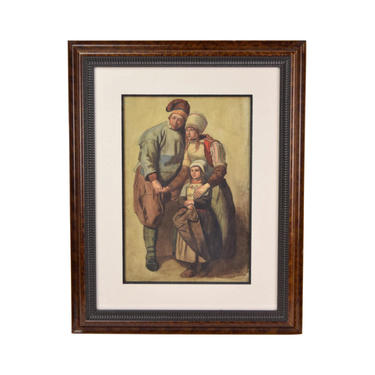 19th Century Watercolor Painting French Peasant Family Mom Dad w Daughter 