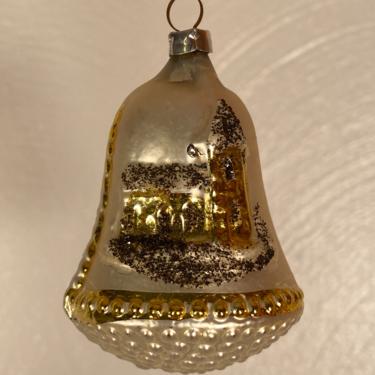 Antique Silver Bell / Yellow Church Holiday Ornament - West Germany (#C8) 
