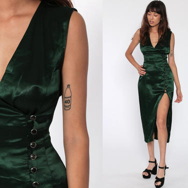 Green Satin Dress 90s HIGH SLIT Party Midi Sheath Grunge Prom Formal Vintage 1990s Bodycon Cocktail Sleeveless Deep V Neck Button Up Small 