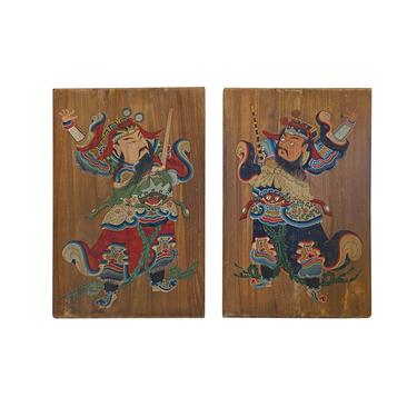 Chinese Vintage Pair Color House Guardian Wood Wall Panels Art ws1951E 