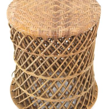 Woven Wicker Wrapped Round Cylinder End Tables Woven Top Mid Century