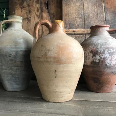 1 19th C Pottery Jug, Olive Jar, Redware Slip, Rustic Stoneware, Terra Cotta, Vase, Urn, Rustic European Farmhouse, Farm Table 