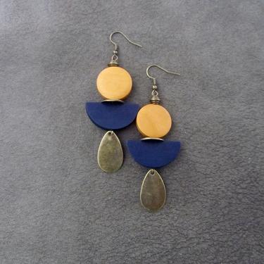 Blue wooden earrings, Afrocentric earrings, African earrings, bold earrings, statement earrings, geometric earrings, rustic bronze earring3 