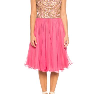 1960S Pink & Gold Silk Chiffon Beaded Swing Skirt Party Cocktail Dress 
