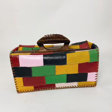 Vintage Colorful 1960s / 1970s Leather patchwork purse, Large doctor’s bag style, structured handbag 