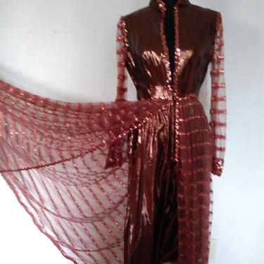 Rare 1970's Vintage Oscar De La Renta METALLIC Bronze Jumpsuit Dress, couture vintage dress, empire waist, long copper party dress 