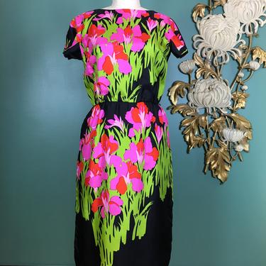 1950s sheath dress, silk floral dress, vintage 50s dress, iris print dress, mrs maisel style, 28 waist, bright flower print, fitted wiggle 